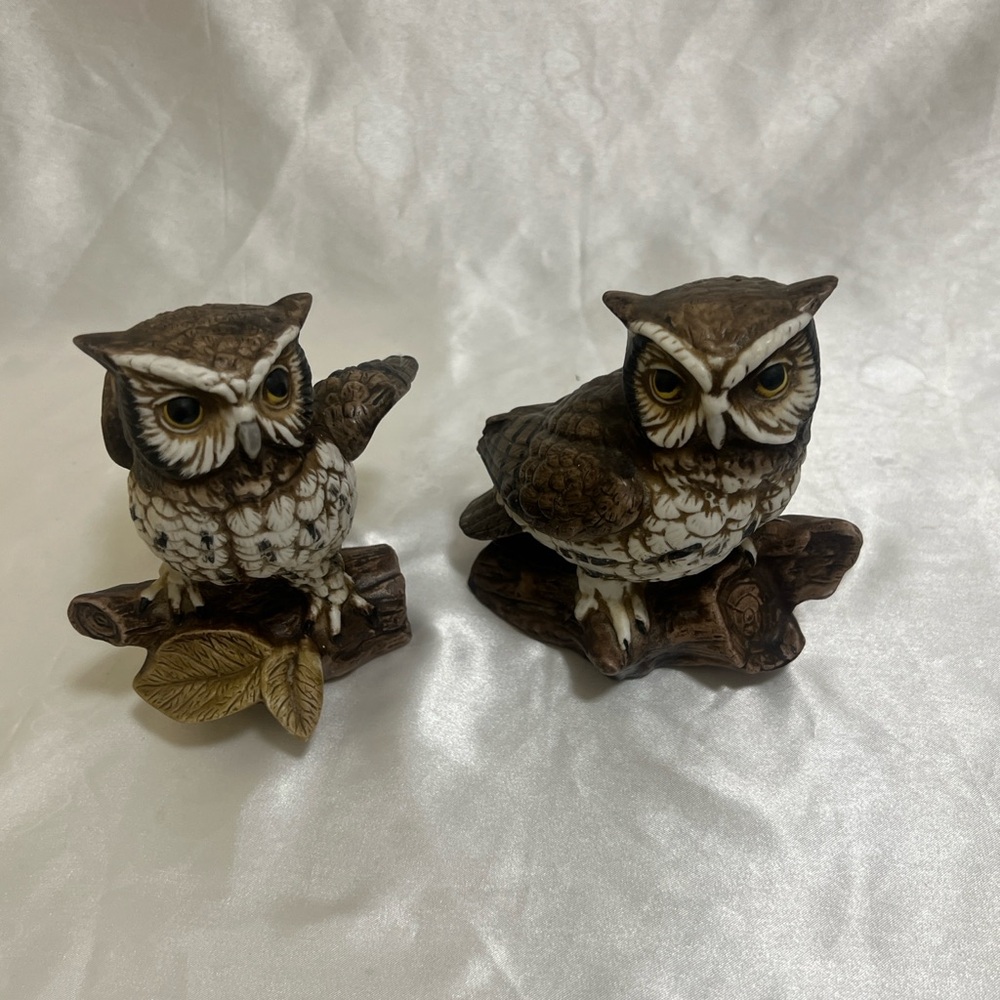 Homco Brown and White Owl Figurines